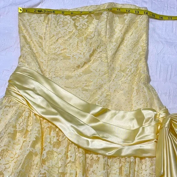 80’s ZUM ZUM Vtg Yellow Lace Frilly Satin Sequins Sash Prom Gown Wedding Dress - Picture 15 of 17
